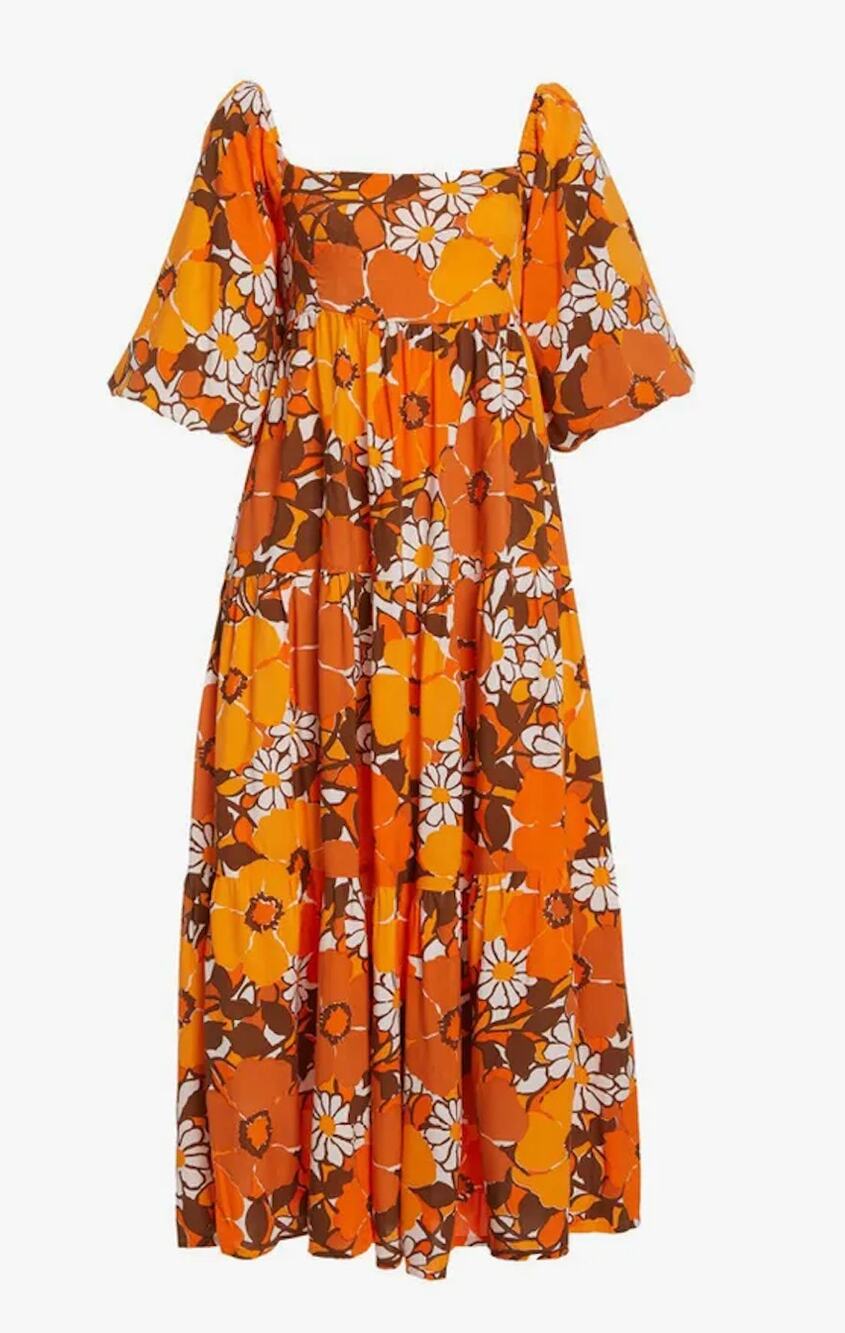 Faithfull The Brand Kiona Midi Dress Orange Isola Floral Puff Sleeve Size 6